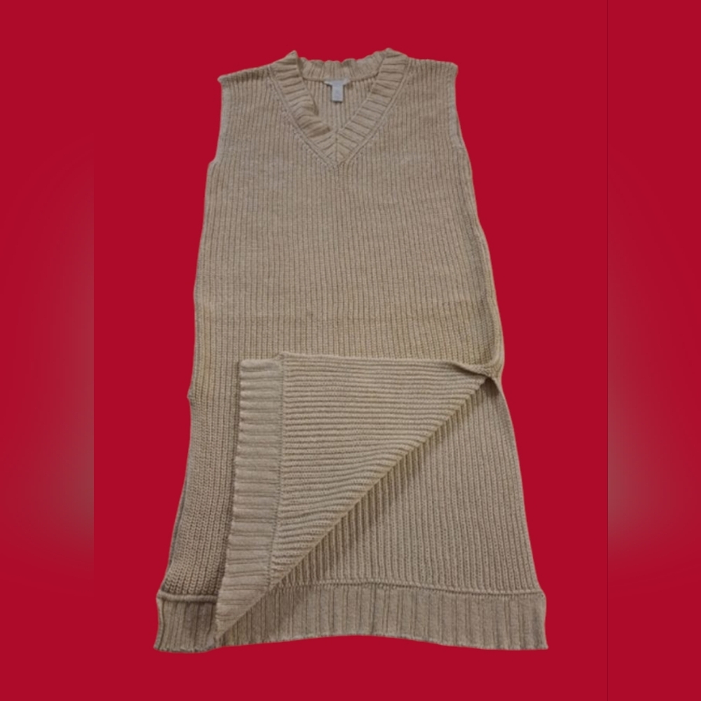 H&M Beige Tan Thick Knit Sweater Dress Top Sleeveless V-Neck Women's Size Small